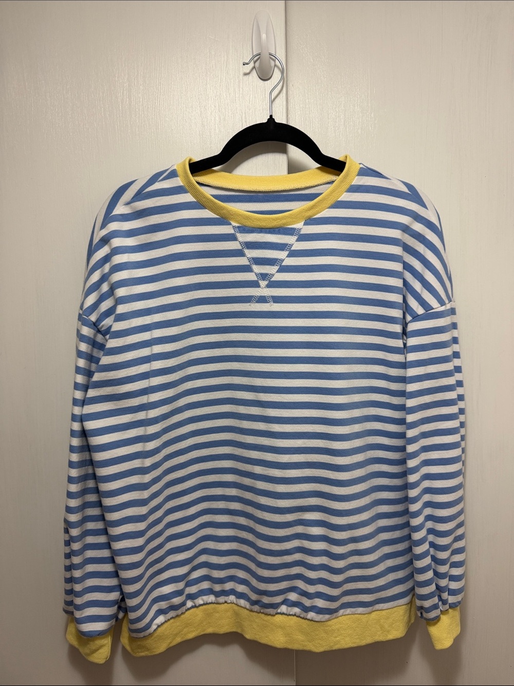 Striped Blue and White Crewneck Sweater with Yellow Trim